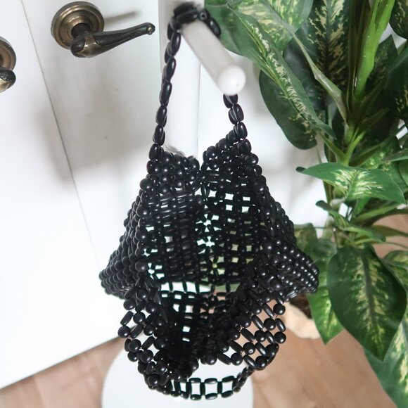 Handmade Black Wooden Beaded Tote Shoulder Bag Vintage Boho - Picture 6 of 10